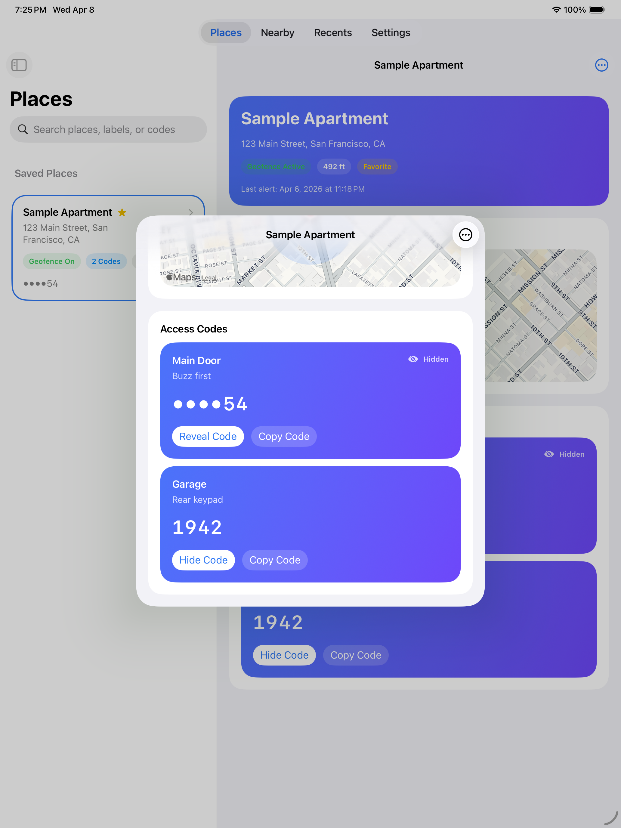 DoorCodes place detail on iPad