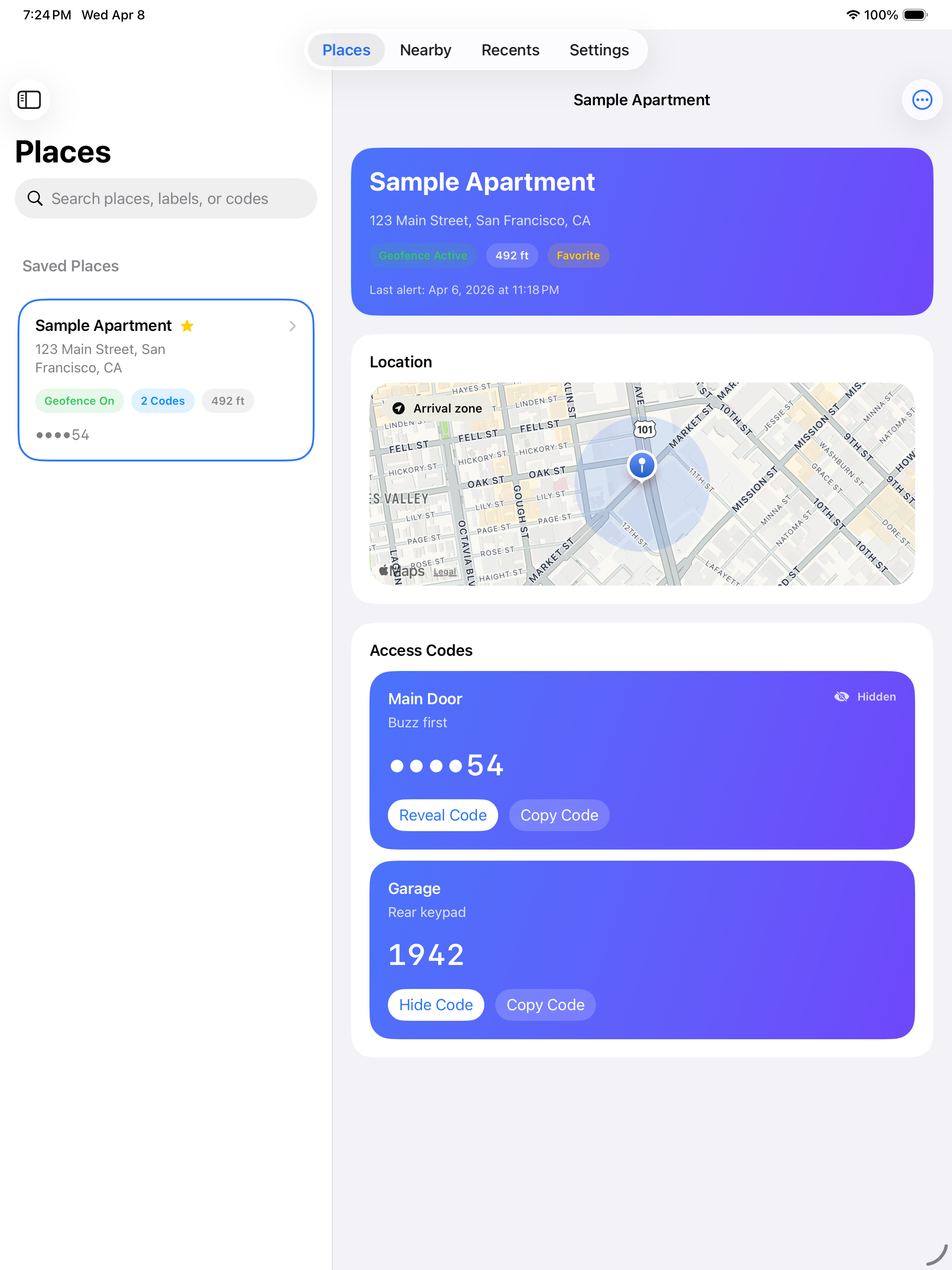 DoorCodes Places workspace on iPad