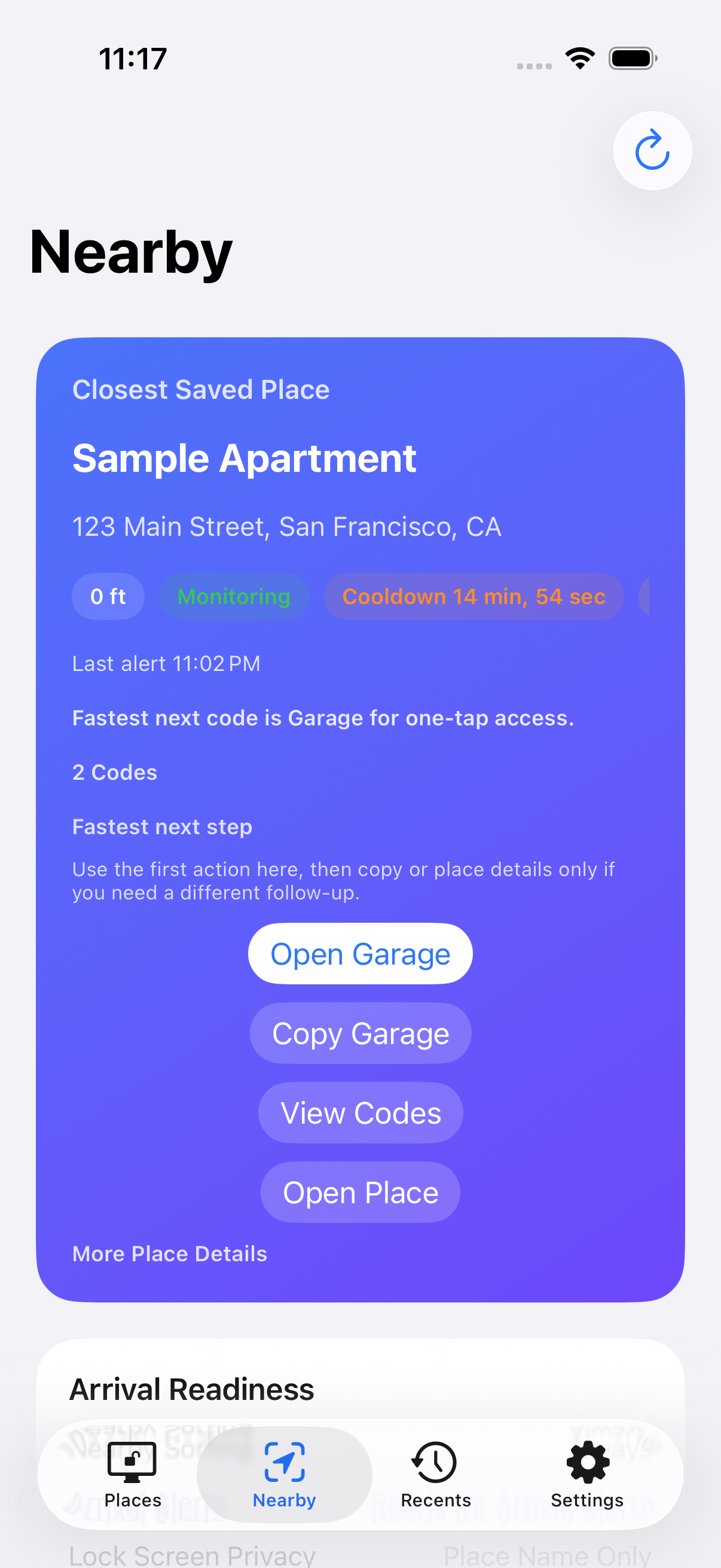 DoorCodes Nearby readiness screen on iPhone