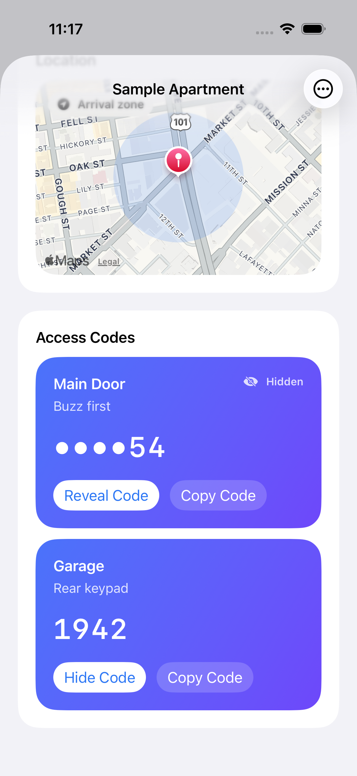 DoorCodes place detail reveal screen on iPhone
