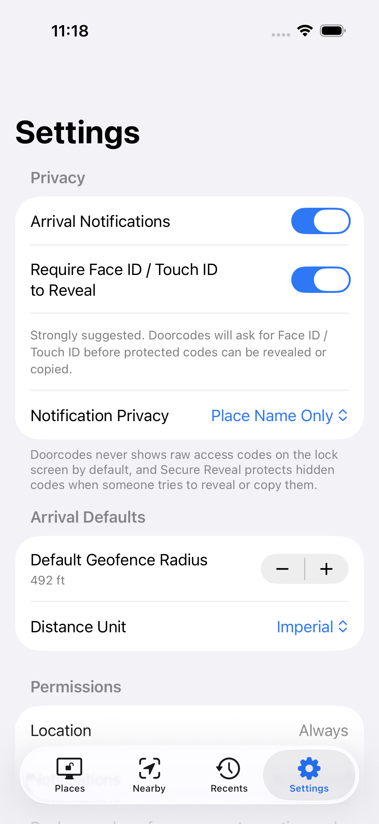 DoorCodes privacy settings on iPhone